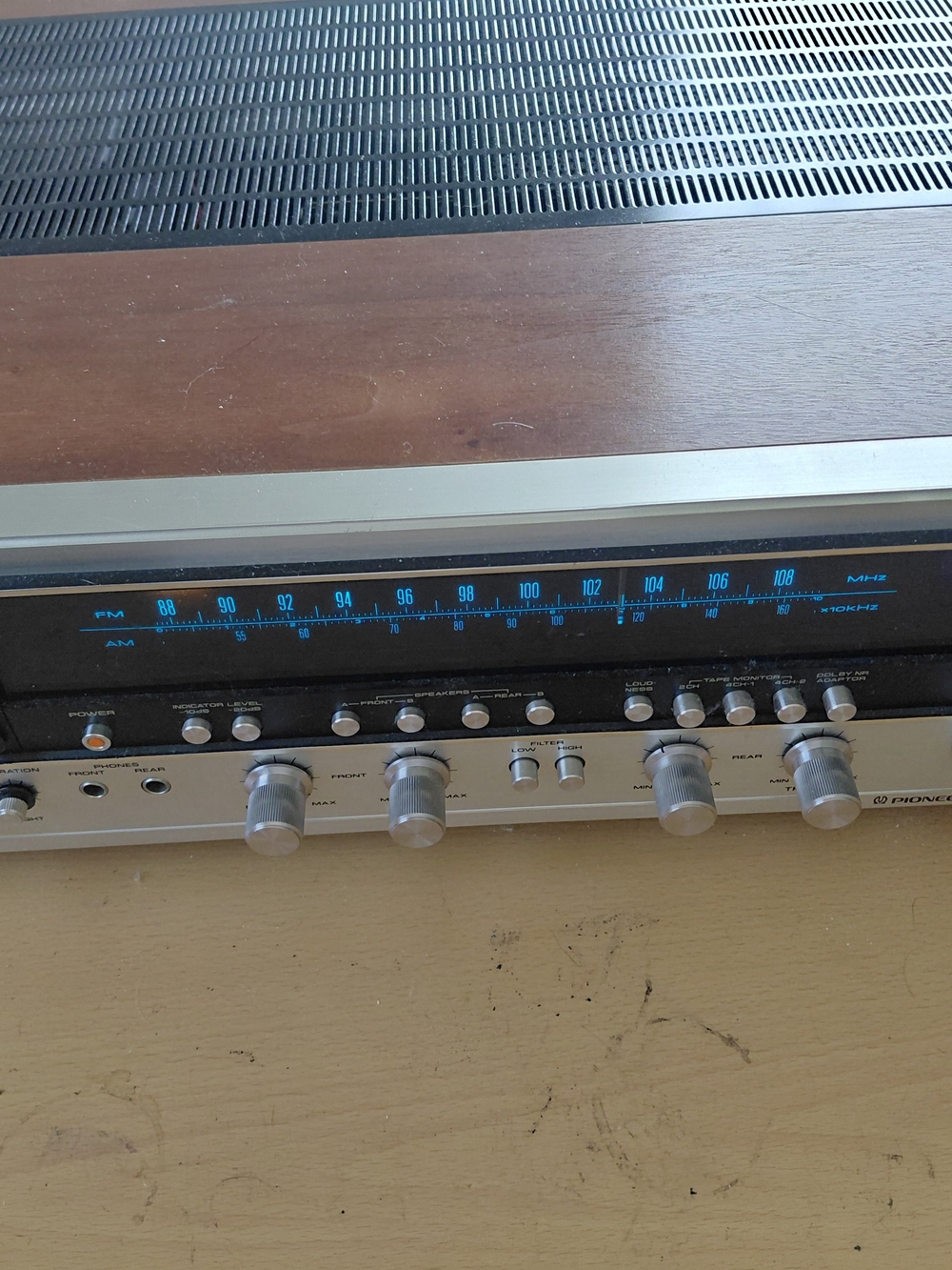 Vintage Stereo Receiver in Wood and Silver with Blue Tuning Dial